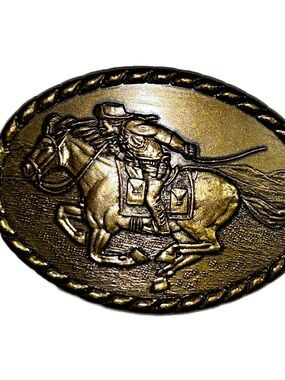 Mervyn’s ~ 1981 ~ Pony Express Rider On Galloping Horse ~ Brass Tone Belt Buckle